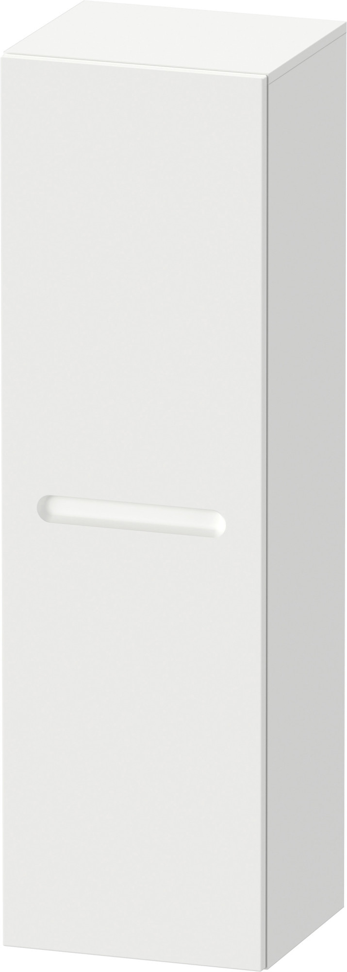 White matte engineered wood wall-mounted linen tower with a sleek design and a minimalist handle, ideal for bathroom storage.