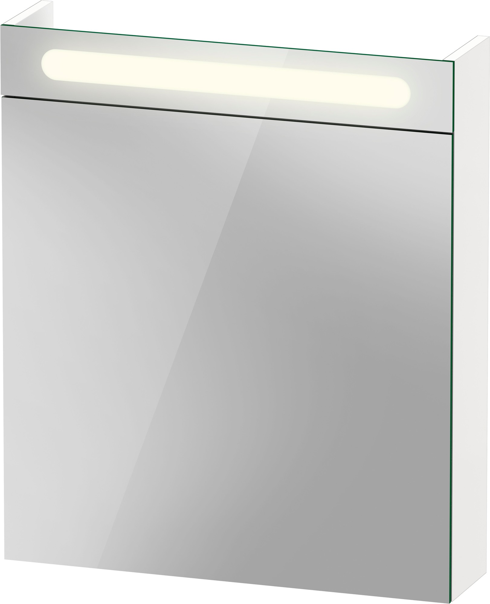 White Duravit No.1 mirror cabinet featuring a single door, sleek mirrored surface, and a modern integrated LED light strip on top for illumination.