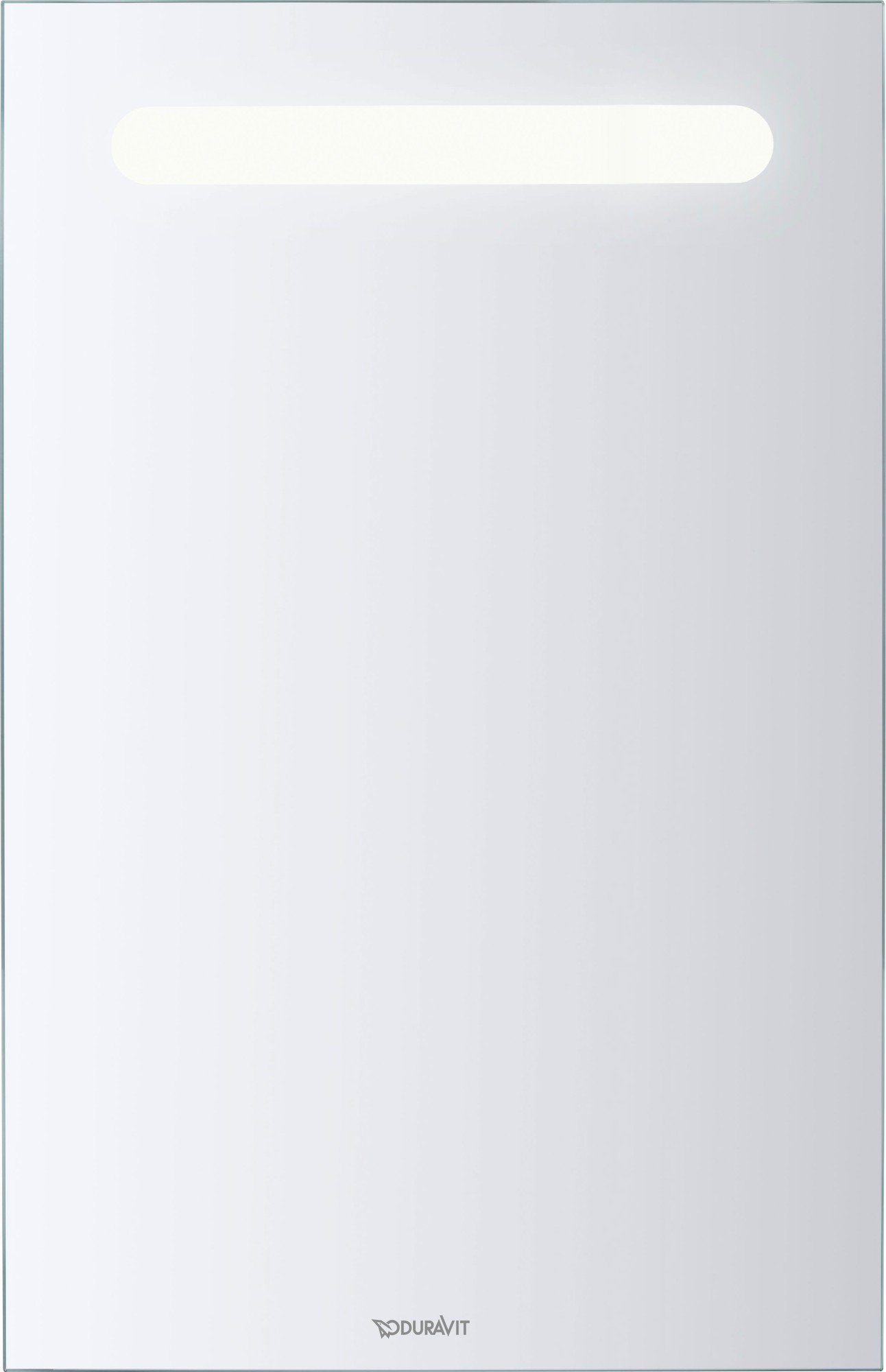Rectangular wall mirror in glossy white finish with energy-saving LED lighting at the top, featuring a minimalist design and pre-mounted for easy installation.