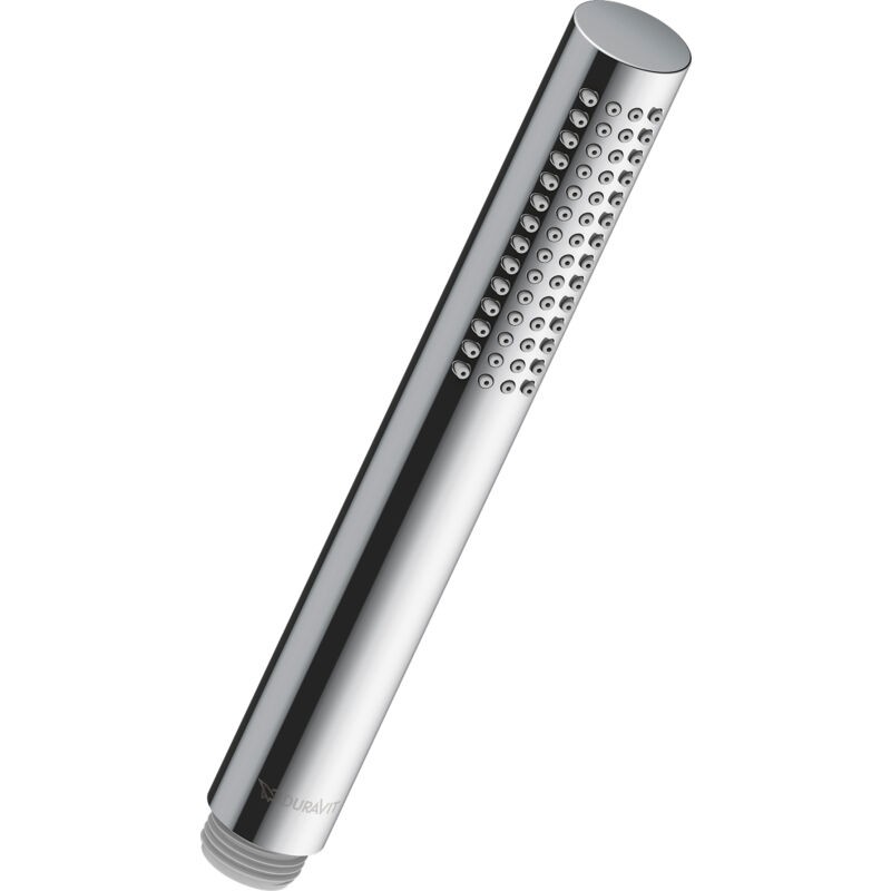 Handheld chrome shower head with a sleek, elongated design, featuring multiple jet spray openings and a water-saving function, easy to clean for convenient use.