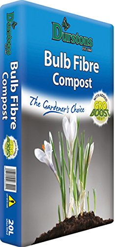 Bright blue bag of Durstons Bulb Fibre Compost, 20L, featuring white text and a graphic of crocus flowers, labeled "The Gardener's Choice" with added "GRO BOOST."