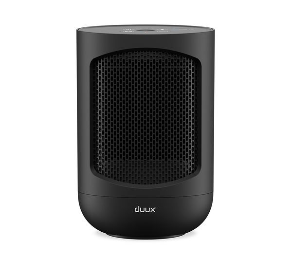 Compact black personal fan heater with a sleek design, featuring a mesh front grille, simple control panel on top, and the "duux" logo on the base.