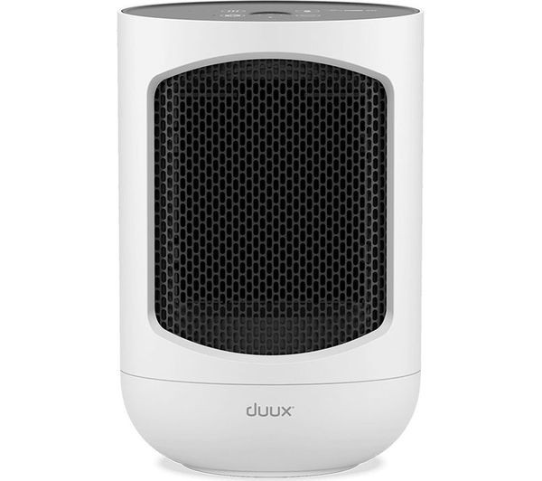 Compact white personal fan heater with a black mesh front, featuring a sleek design and control panel on top, ideal for hot and cool air settings.
