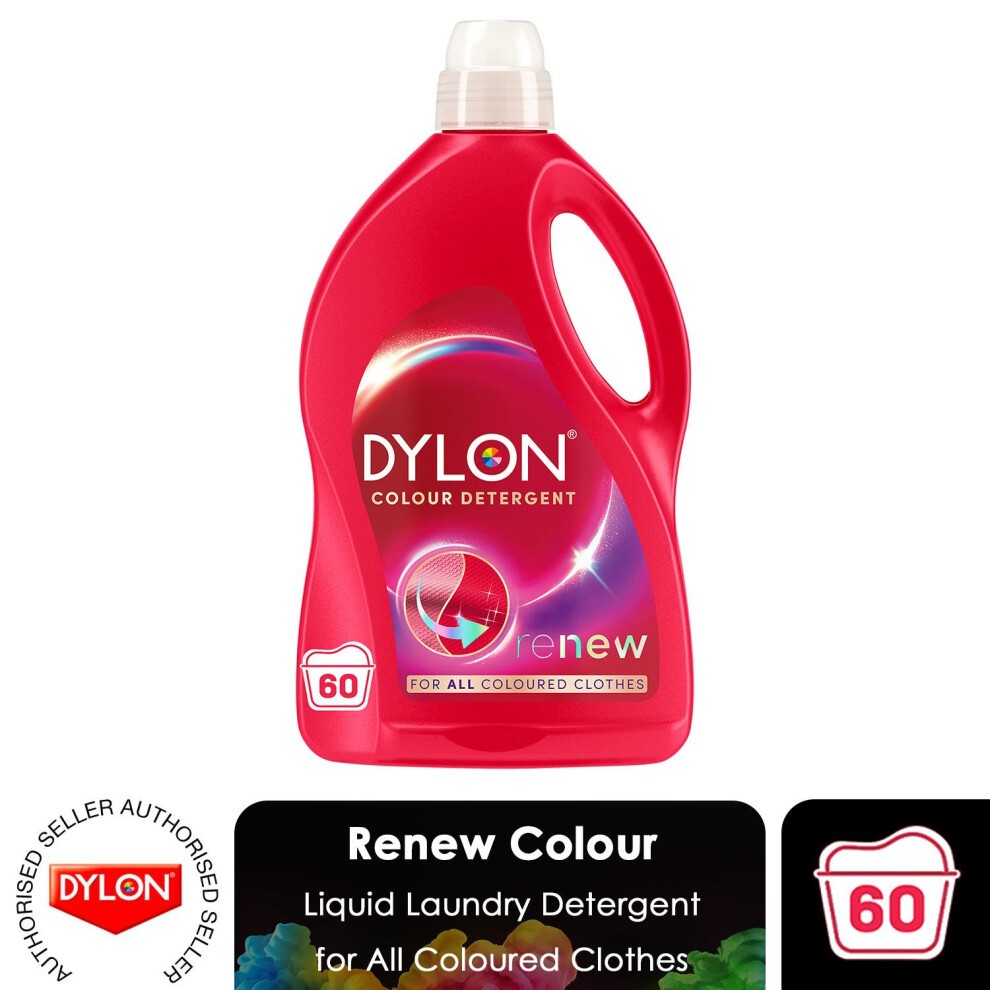 Red plastic bottle of Dylon Colour Detergent with a white cap, labeled for 60 washes, featuring a colorful design and the text "Renew Colour" for coloured clothes.