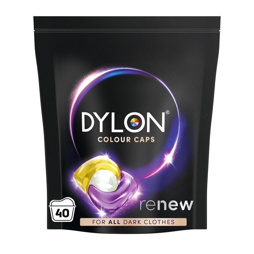 Dylon Black & Dark Caps packaging features a black pouch with a colorful swirl design, labeled "Dylon Colour Caps" and "40 Wash Loads," designed for preserving dark clothing colors.
