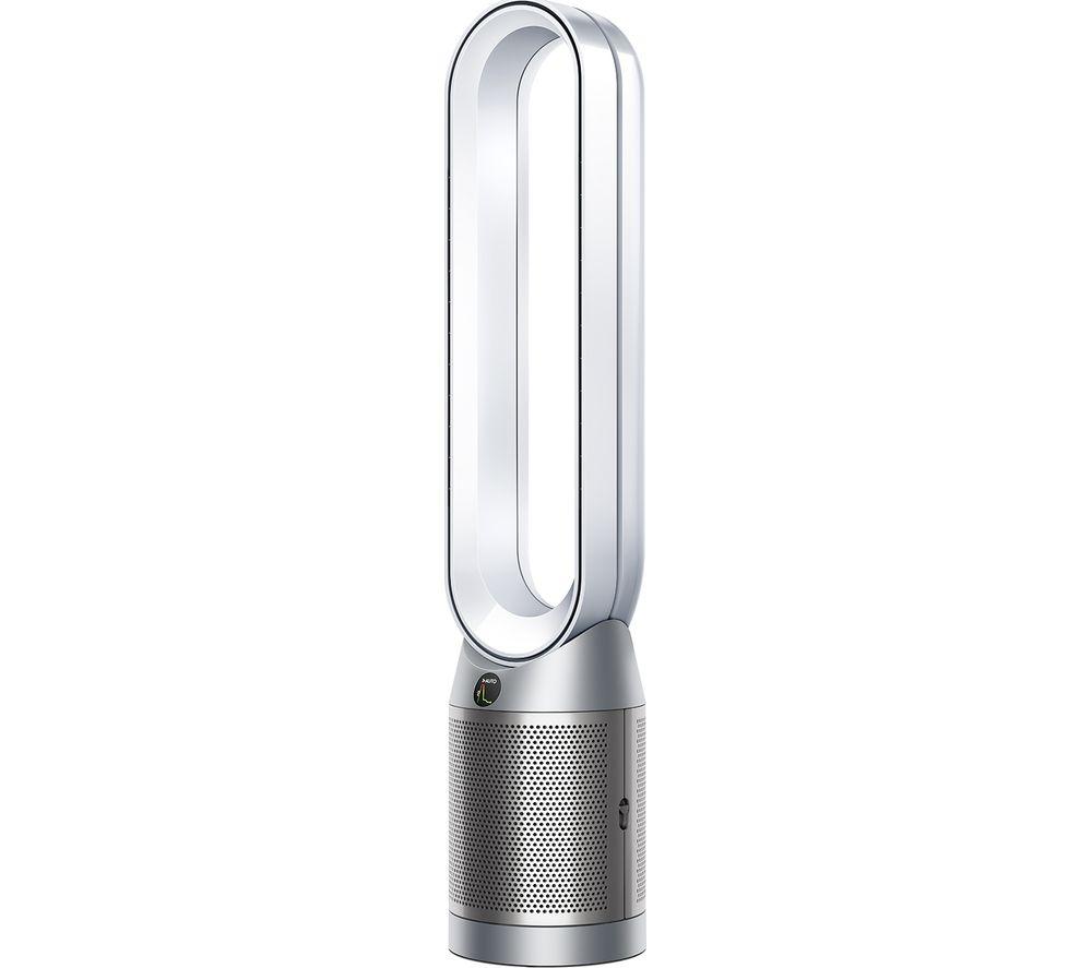 Dyson's "Purifier Cool Auto React" features a sleek, modern design with a white and silver finish, a circular airflow loop, and a metallic base with a mesh filter.
