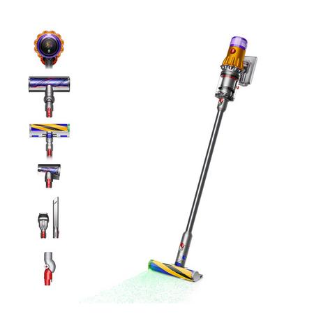 Dyson V12-2023 cordless stick vacuum cleaner with a sleek silver body, purple and yellow accents, and multiple attachments for versatile cleaning.