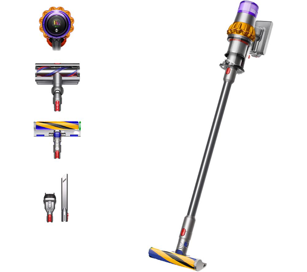 Dyson V15-2024 Absolute Cordless Vacuum Cleaner in yellow and nickel, featuring a sleek design, digital display, and multiple attachments for versatile cleaning.