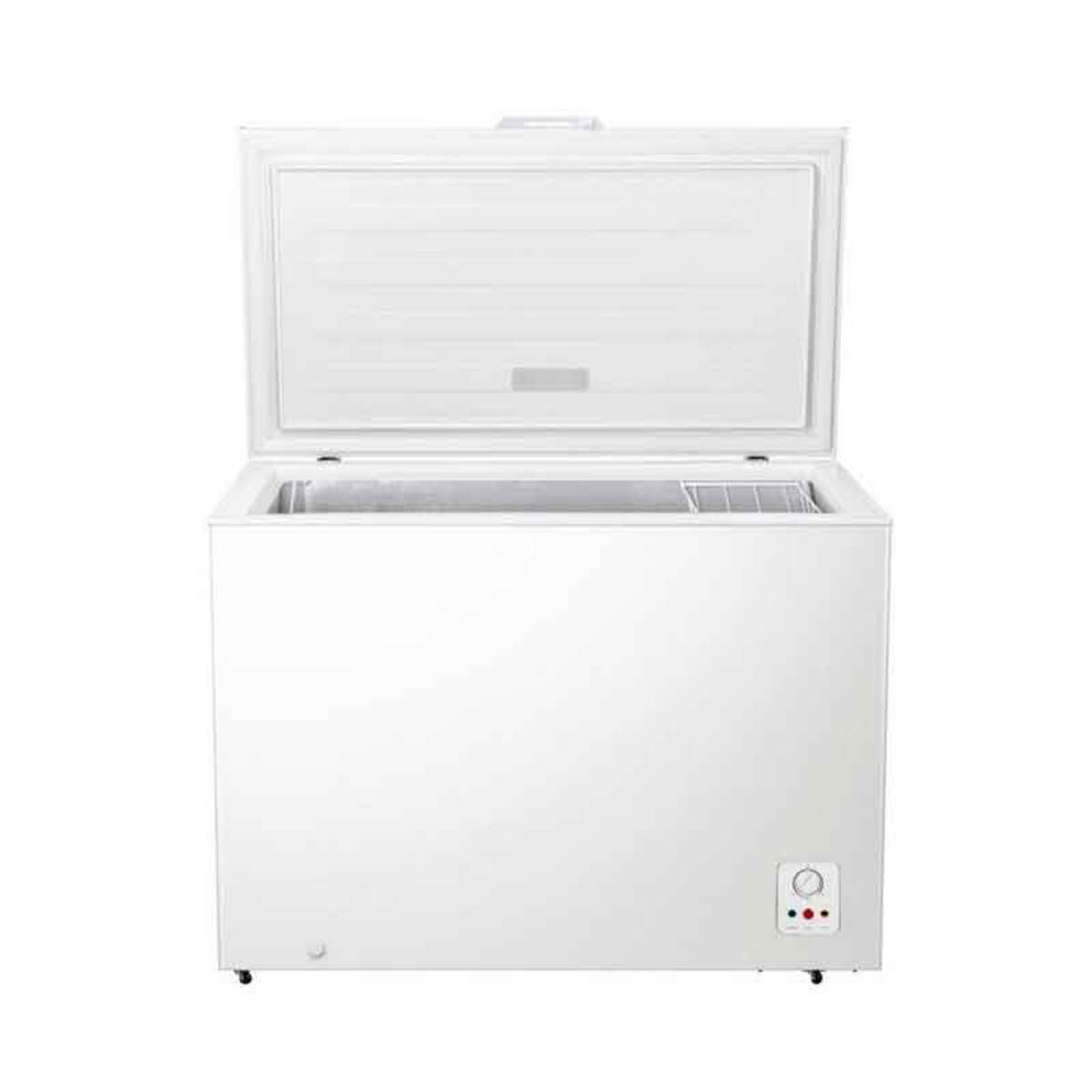 White Fridgemaster MCF297E chest freezer with a spacious interior, a hinged lid, adjustable temperature control, and a sleek design, measuring 111.4cm in width.