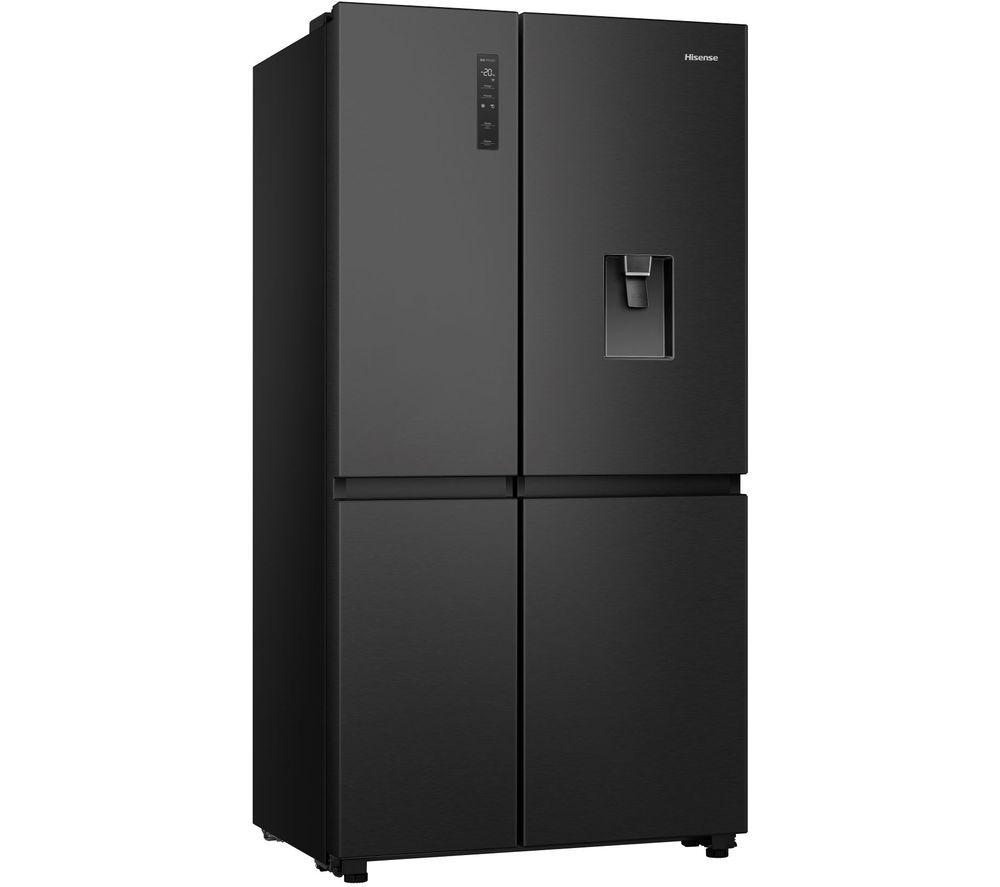 Freestanding black stainless steel American fridge freezer with a sleek design, featuring a water dispenser and frost-free technology.