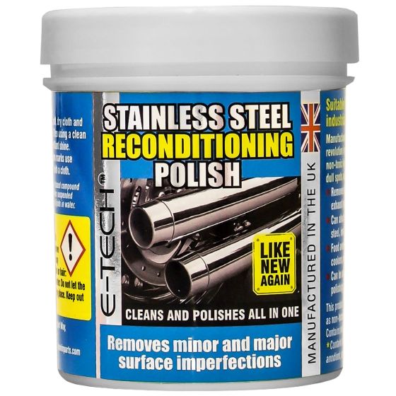 White container of E-Tech Engineering Stainless Steel Reconditioning Polish, 250ml, featuring a silver lid, product label with British flag, and text highlighting its cleaning and polishing capabilities.