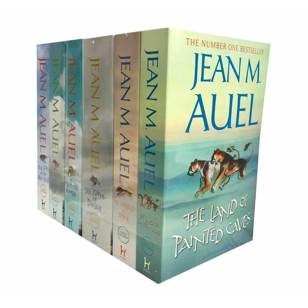 Complete collection of "Earth's Children Series" by Jean M. Auel, featuring six colorful paperback books with scenic covers and bold titles in blue and gold lettering.