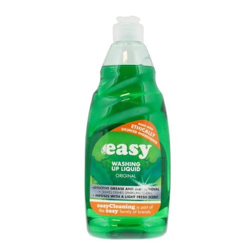 Green plastic bottle of Easy Original Washing Up Liquid, 1 litre, featuring a flip-top cap, with a label highlighting its effective grease removal and light fresh scent.