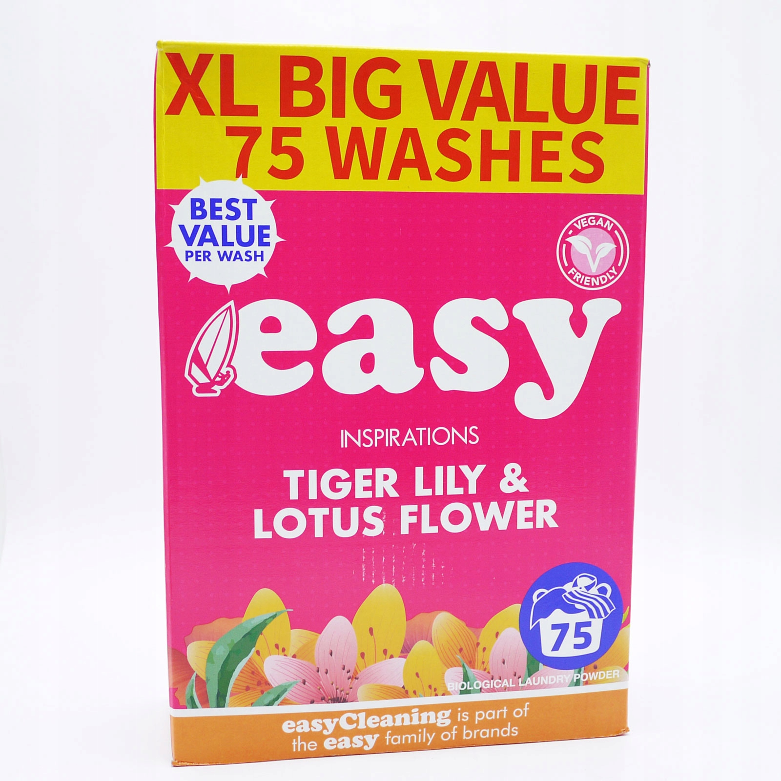 Bright pink box with yellow accents, labeled "Easy Inspirations Tiger Lily & Lotus Flower XL 75W," featuring floral graphics and indicating 75 washes and vegan-friendly.