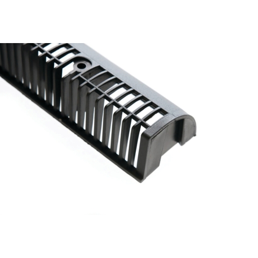 Black plastic fascia vent with a slide and lock design, featuring evenly spaced slats for ventilation, measuring 25mm in width.