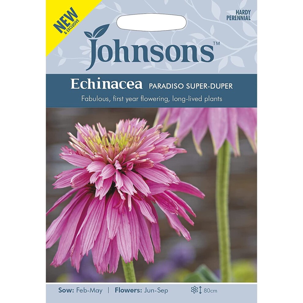 Johnson's Echinacea Paradiso Super-Duper seed packet featuring vibrant pink perennial flowers, with a blue and white design, and details on planting and flowering times.