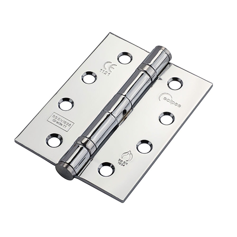 Polished chrome ball bearing hinge featuring a sleek design, measuring 102 x 76 x 2.7mm, with multiple screw holes for easy installation, sold in a 2 pack.
