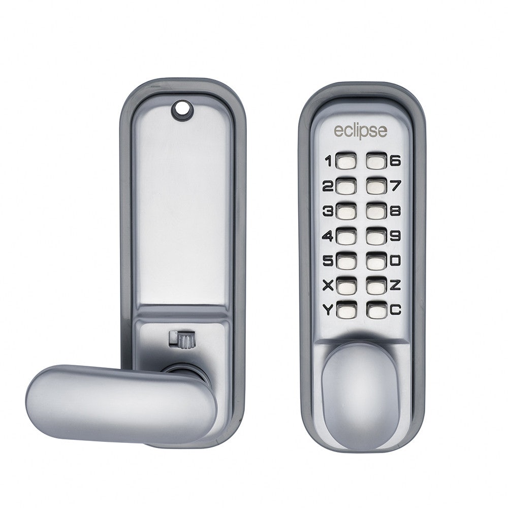 Silver push button digital lock featuring a keypad with numbers 0-9 and letters A-C, with a holdback function and a sleek, modern design.
