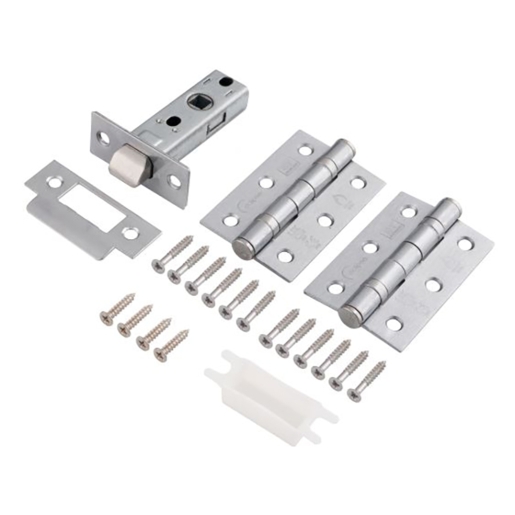 Satin chrome door latch and hinge pack featuring two metal hinges, a latch mechanism, screws, and a plastic strike plate, all in a sleek, modern design.