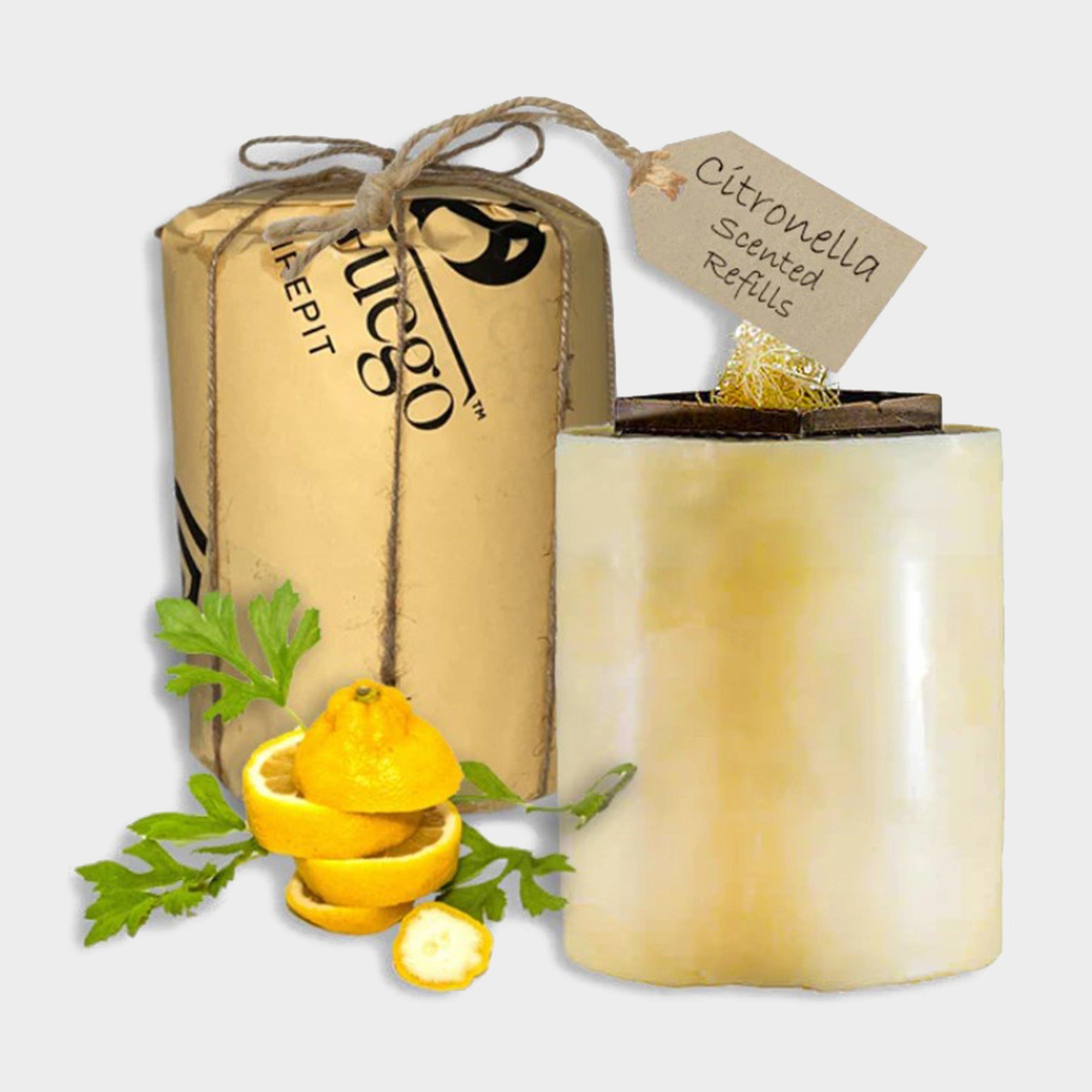 Brown citronella candle refill with a rustic label, featuring a lemon and citronella plant, packaged in eco-friendly brown paper with twine.
