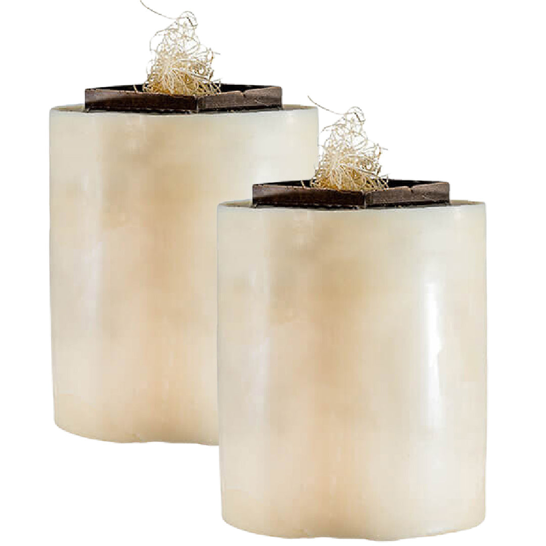Two cylindrical fire pit refills in a translucent white material, featuring a dark brown top with natural fiber wicks, designed for an eight-hour burn time.
