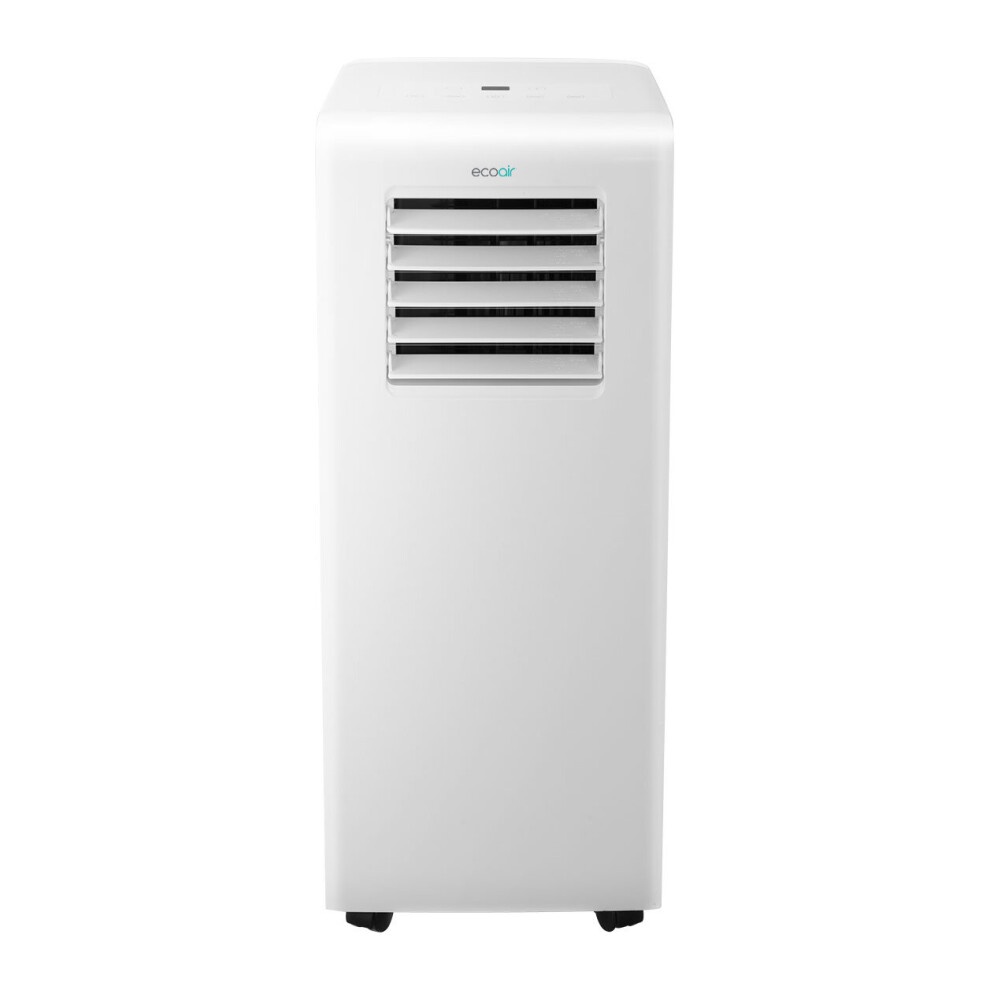 White portable air conditioner with a sleek design, featuring a front panel with adjustable air vents and smooth edges, mounted on four caster wheels for easy mobility.