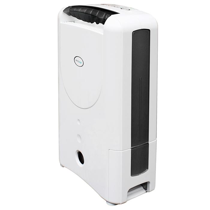 White EcoAir DD1 Classic MK6 desiccant dehumidifier with a sleek design, featuring a textured front panel, control buttons on top, and a 7.5L water tank capacity.