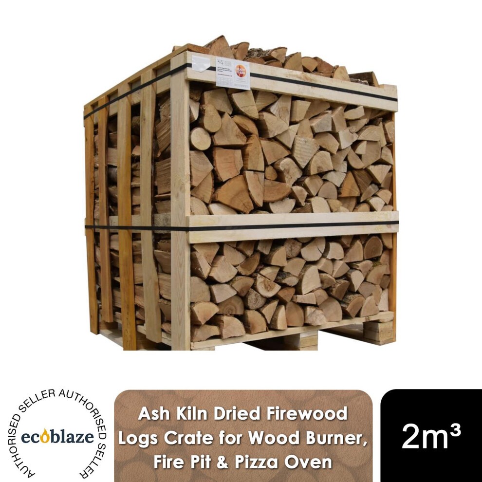 Brown wooden crate filled with neatly stacked ash kiln dried firewood logs, labeled for use in wood burners and pizza ovens, with a capacity of 2m³.