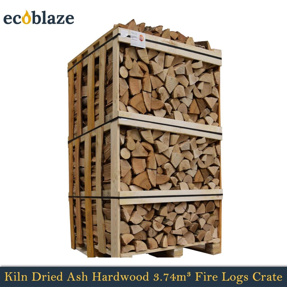 Stacked wooden crates filled with neatly arranged, light brown kiln-dried ash firewood logs, showcasing a natural texture, ready for burning.