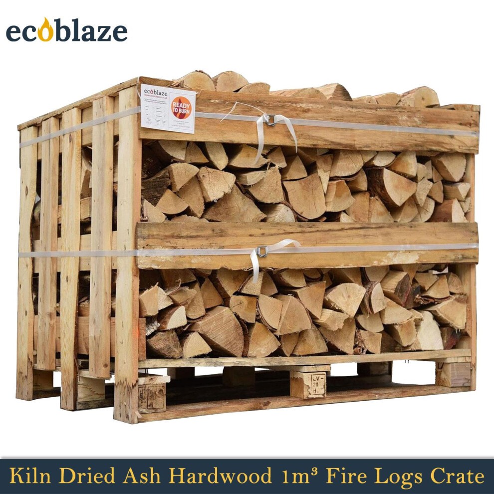 Kiln dried ash firewood logs stacked in a wooden crate, featuring a natural brown color with visible grain, secured with straps, labeled with the Ecoblaze brand.