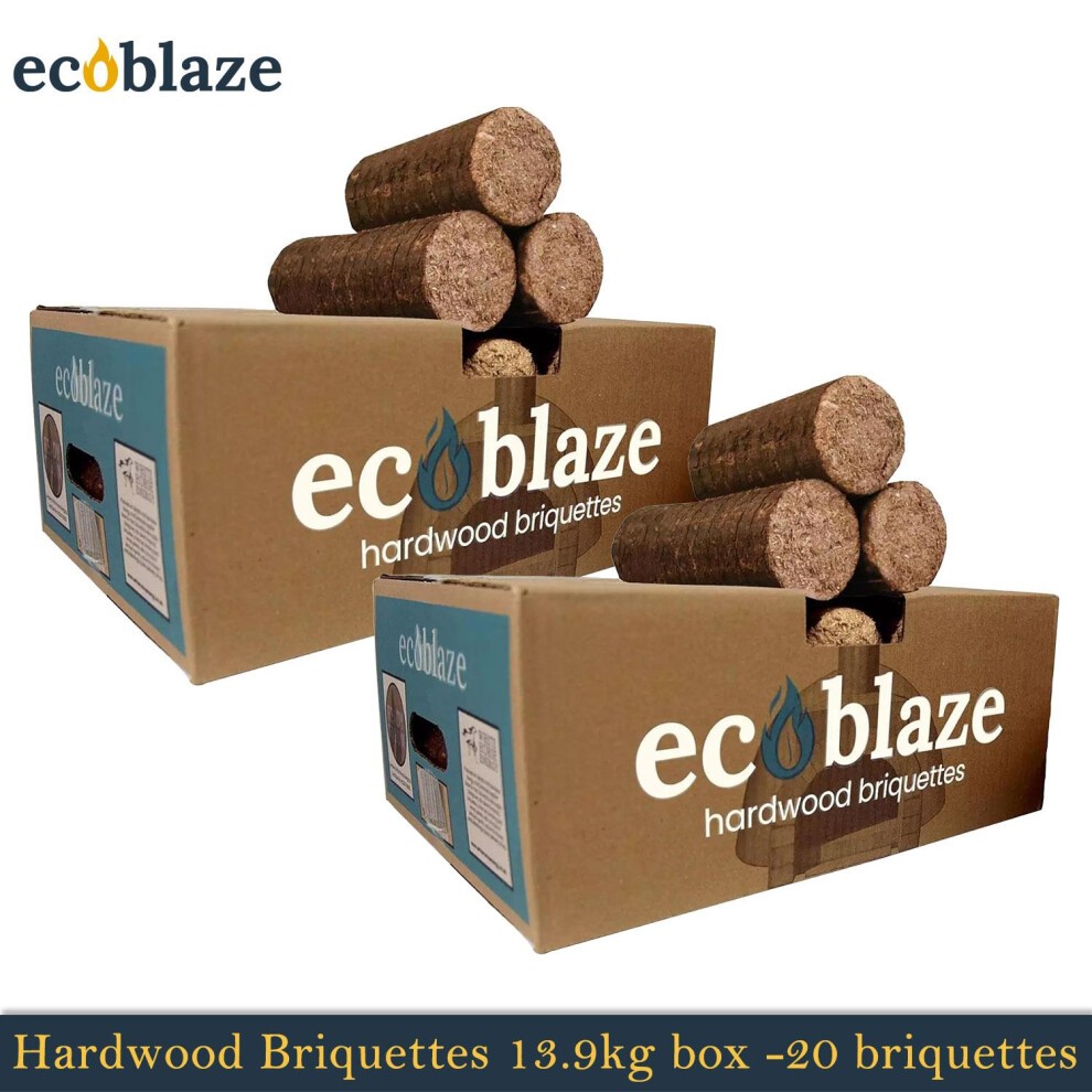 Brown cardboard boxes containing Ecoblaze hardwood briquettes, with five briquettes stacked on top, labeled with the brand name and product details.