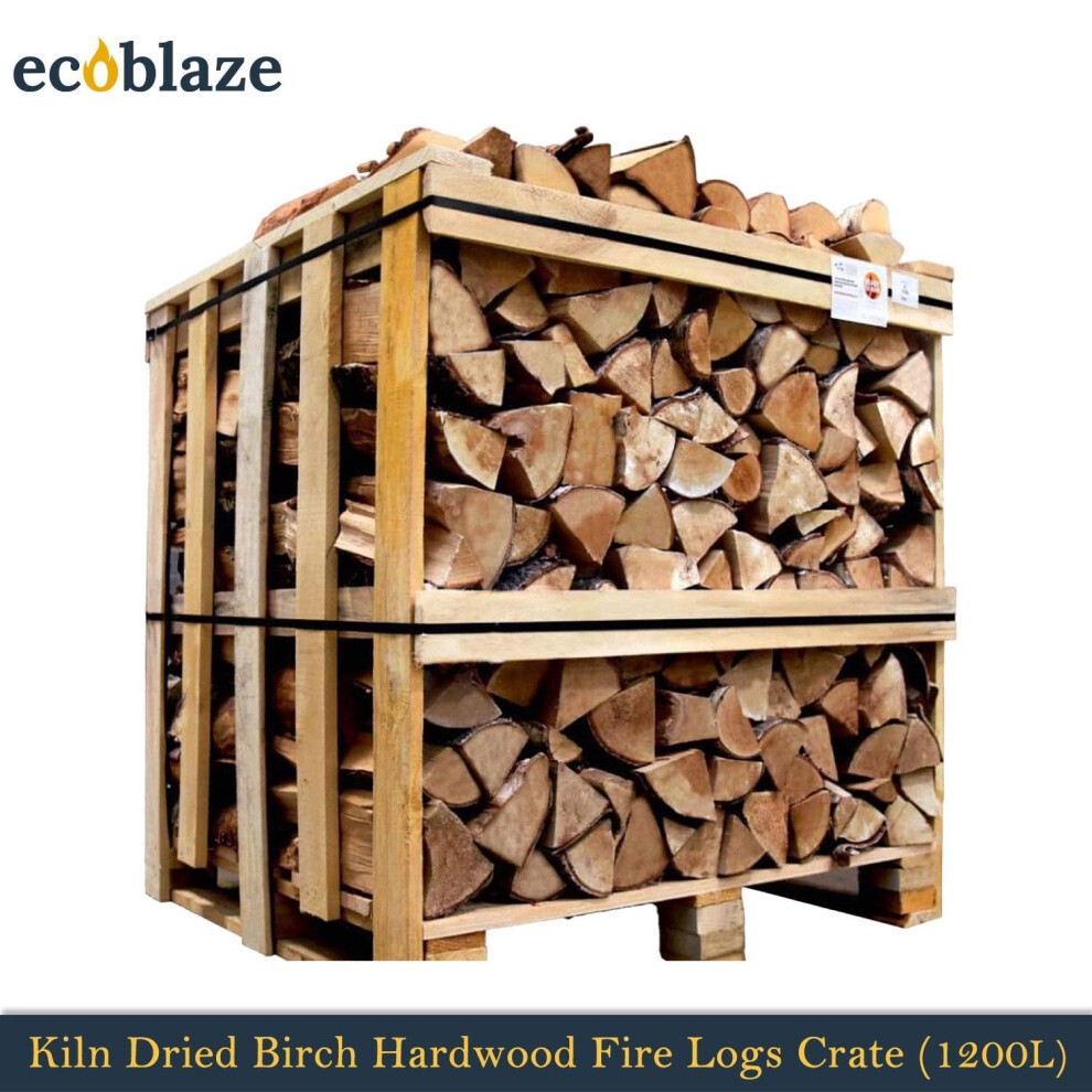 Kiln dried birch hardwood firewood logs stacked in a wooden crate, featuring a natural brown color, ideal for wood burners, with a label indicating the 1200L capacity.