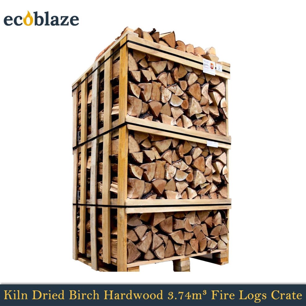 Kiln dried birch firewood logs stacked in a wooden crate, showcasing a mix of brown logs with visible bark, labeled with "Ecoblaze" branding and product details.