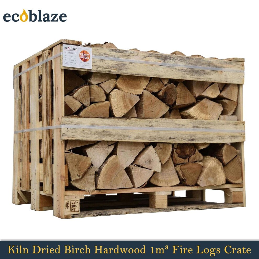 Kiln dried birch firewood logs stacked in a wooden crate, featuring a light brown color with visible bark and smooth cut ends, labeled with the Ecoblaze logo.