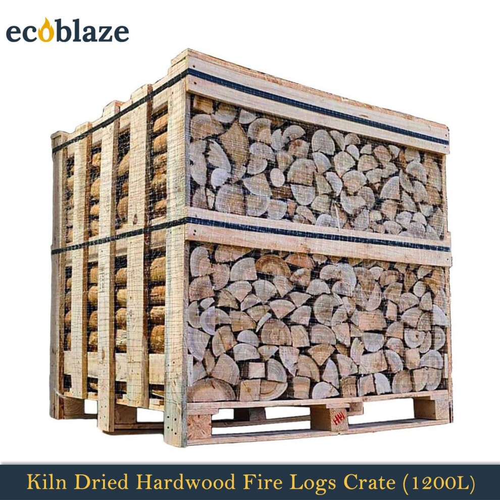 Kiln dried hardwood firewood logs stacked in a wooden crate, showcasing a variety of sizes, with a label indicating 1200L capacity, ideal for wood burners and pizza ovens.