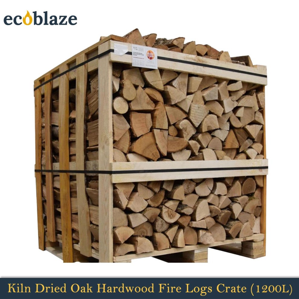 Kiln dried oak hardwood firewood logs stacked in a wooden crate, featuring a brown color with visible grain patterns, labeled with product details on the side.