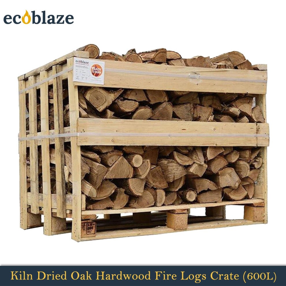 Kiln dried oak firewood logs stacked in a wooden crate, showcasing a natural brown color, with a label on the side indicating the product details.
