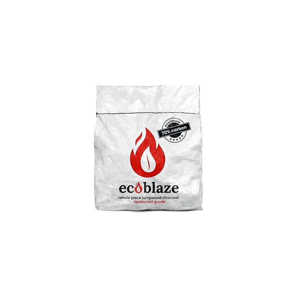 Brown 10kg bag of Ecoblaze Lumpwood Charcoal, featuring a flame logo and text indicating restaurant grade with a minimum of 70% carbon content.