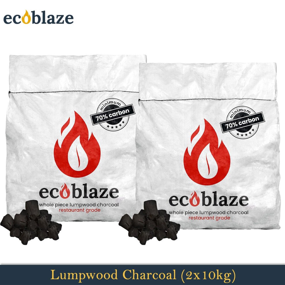 Two white bags of Ecoblaze Lumpwood Charcoal, each 10kg, featuring a red flame logo and text indicating a minimum of 70% carbon, with pieces of charcoal in front.
