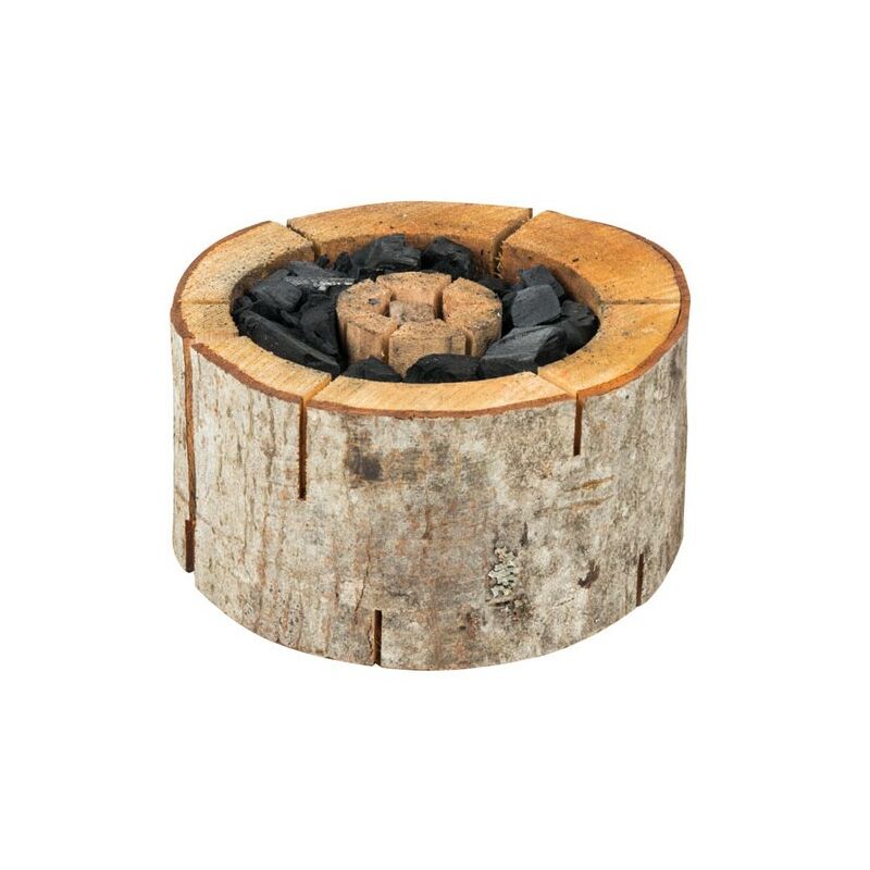 Round, brown eco-friendly BBQ grill made from natural wood, featuring a central charcoal area and a rustic, textured exterior.