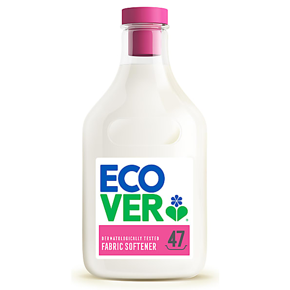 White plastic bottle of Ecover Fabric Softener with a pink cap, featuring a colorful label that reads "Ecover" and "47 Washes" alongside a floral design.