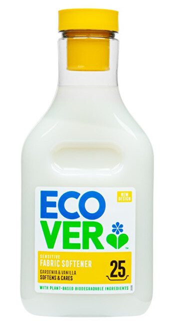 Ecover Fabric Softener bottle in a white plastic container with a yellow cap, featuring a colorful label highlighting "Gardenia & Vanilla" scent and "25 Washes."