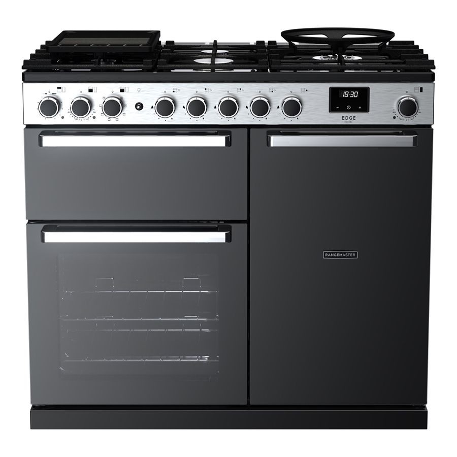 Dual fuel range cooker with a sleek black glass and chrome finish, featuring five gas burners, a digital display, and two spacious ovens with stainless steel handles.