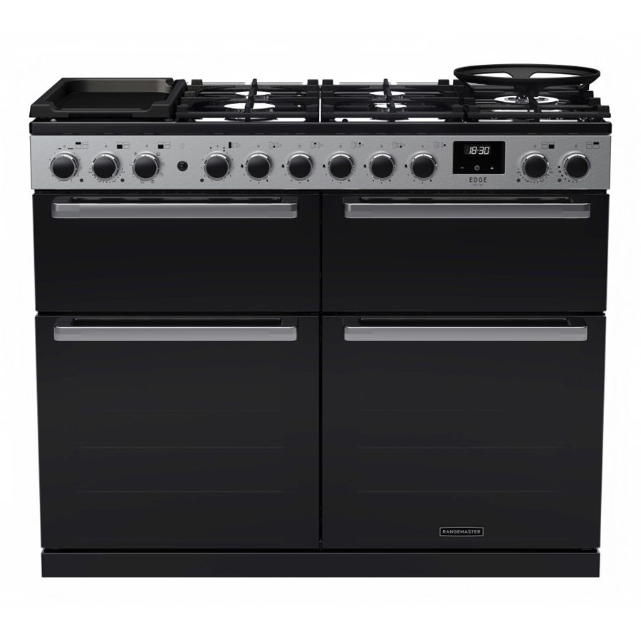 Dual fuel range cooker with a sleek black glass and chrome finish, featuring four gas burners, a griddle, and dual ovens with stainless steel controls and a digital display.