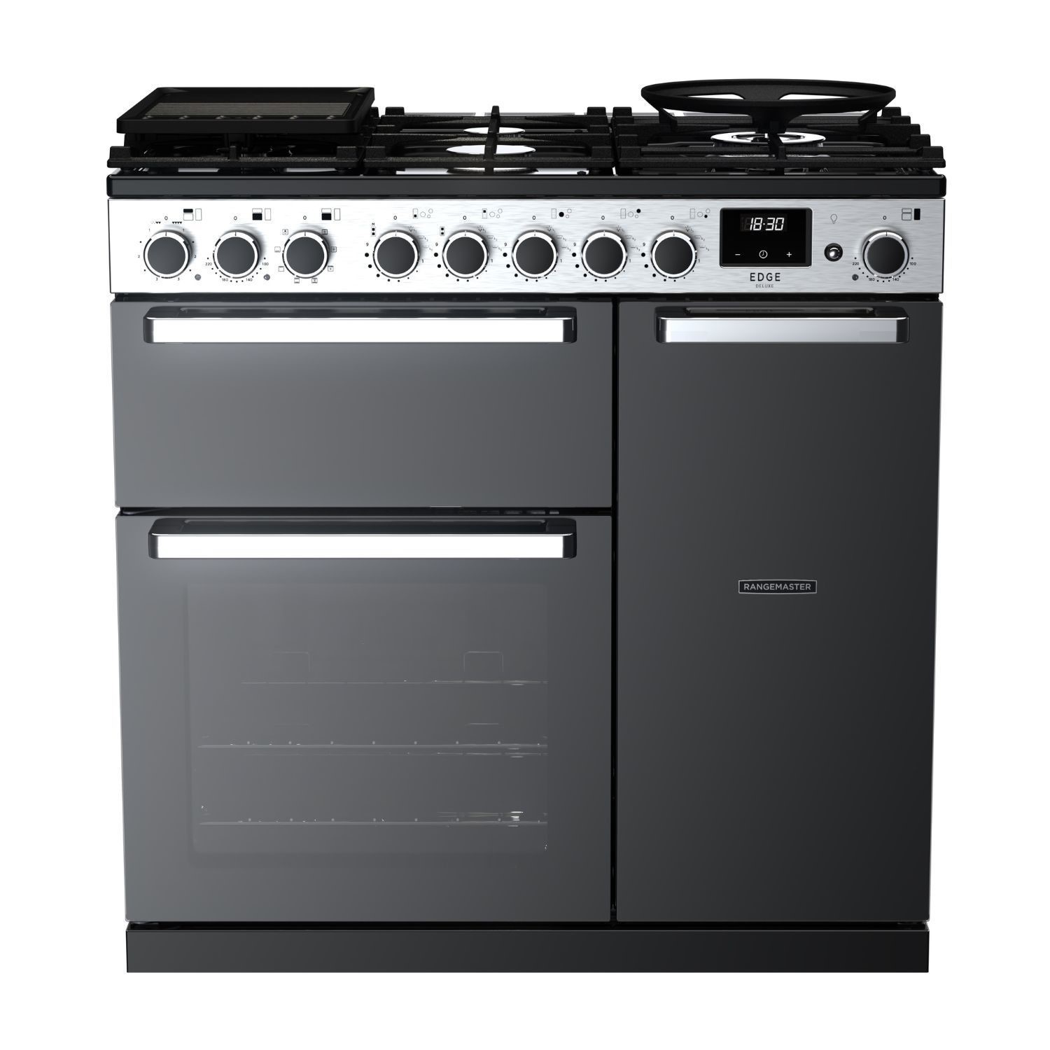 Dual fuel range cooker in black glass and chrome, featuring five gas burners, a digital display, two ovens with glass doors, and sleek stainless steel knobs.