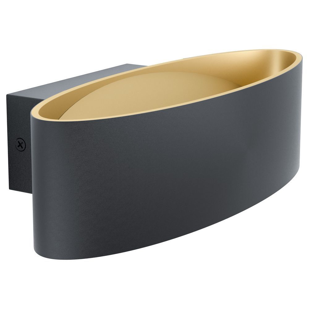 Black and gold LED wall light with a sleek, oval design, featuring a matte black exterior and a reflective gold interior for warm illumination.