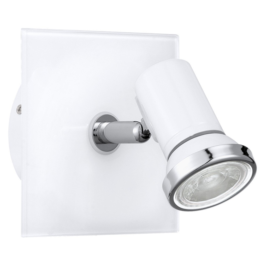 White metal wall light with a chrome finish, featuring a round adjustable spotlight mounted on a square white backplate, designed for bathroom use with IP44 rating.