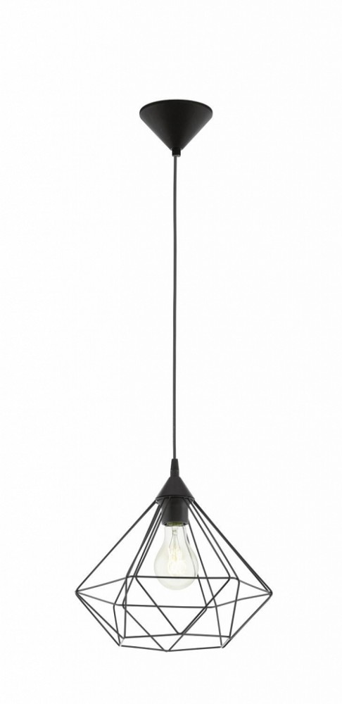 Black metal ceiling pendant light with a geometric wireframe design, featuring a single exposed bulb suspended from a matching canopy.
