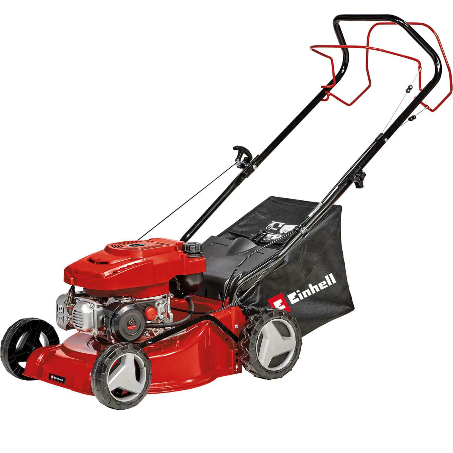 Red Einhell 40cm petrol lawnmower with a self-propelled feature, 2000W engine, black grass collection bag, and adjustable handle for comfortable use.
