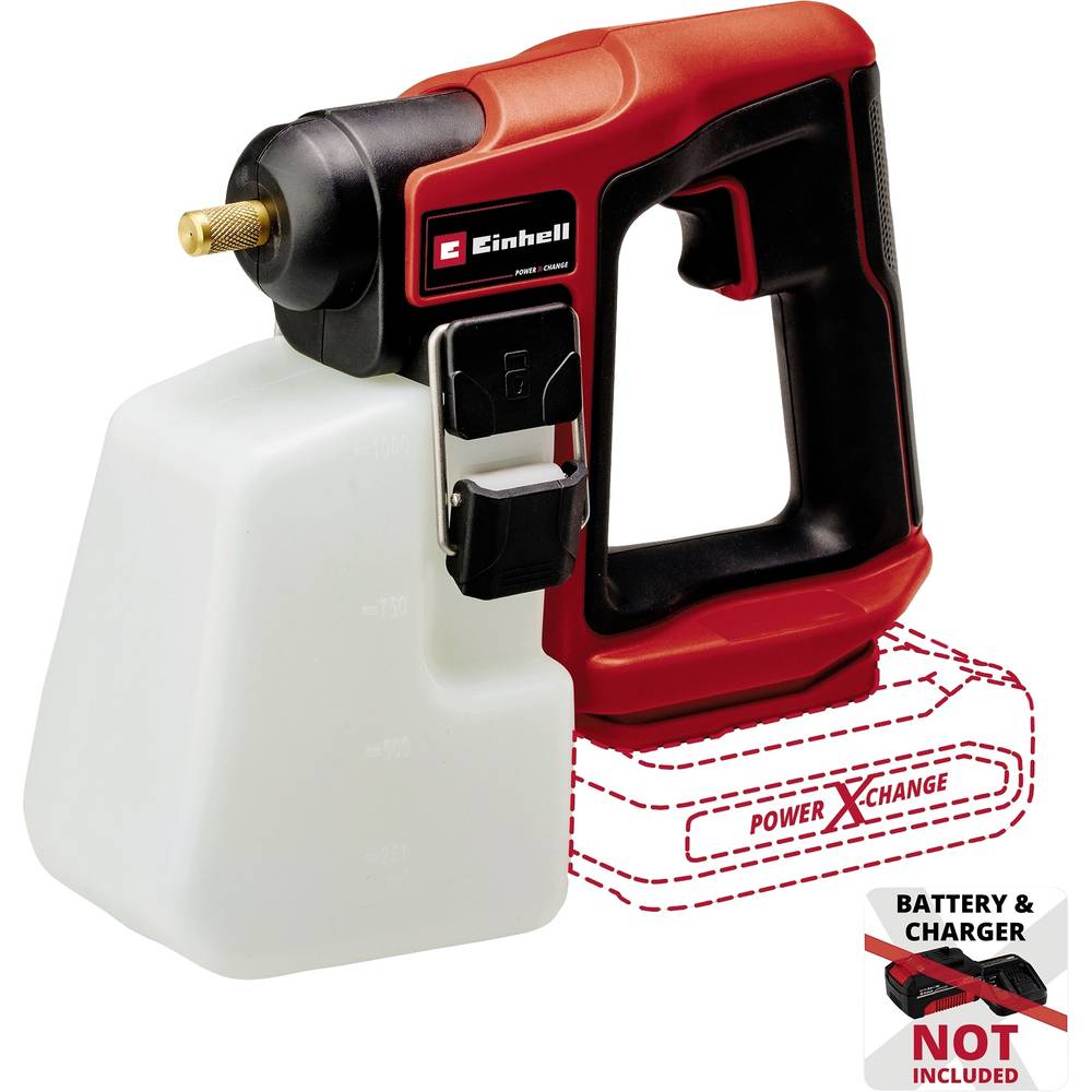 Red and black cordless garden pressure sprayer with a 1L translucent tank, featuring a trigger handle, nozzle attachment, and "Power X-Change" branding; battery and charger not included.